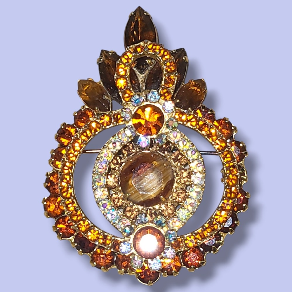 Vintage Juliana D&E Brooch Pin Amber Topaz AB Rhinestone Tiger Eye Autumn